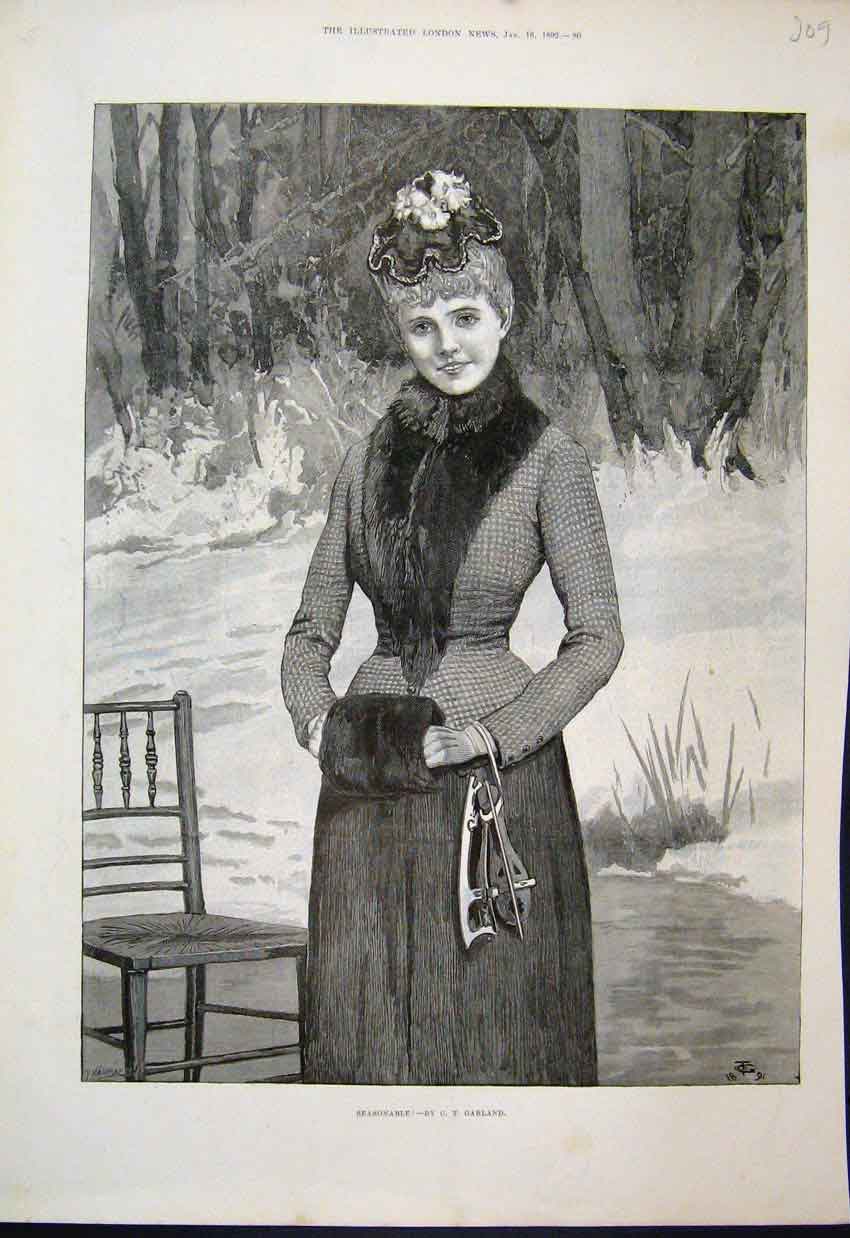 Original Old Antique Print Seasonable C T Garland Lady Skates 1892 Fine Art 19th