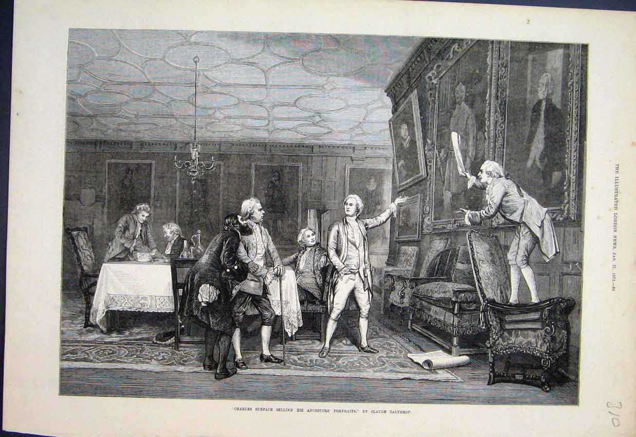 Original Old Antique Print Charles Surface Selling Portraits 1872 Fine Art 19th