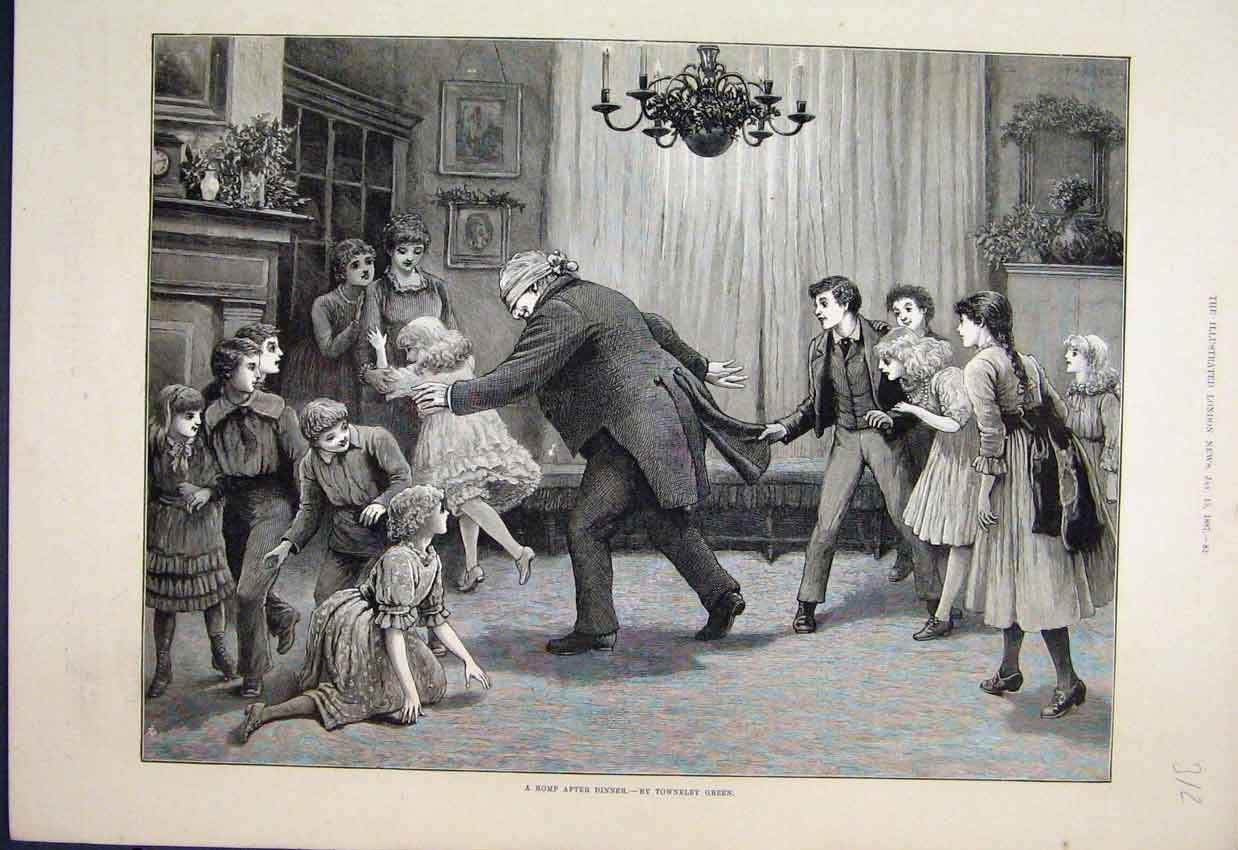 Original Old Antique Print Romp After Dinner Blind Mans Bluff 1887 Victorian