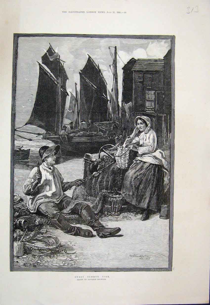 Original Old Antique Print Sweet Summer Time Romance Knowles 1885 19th