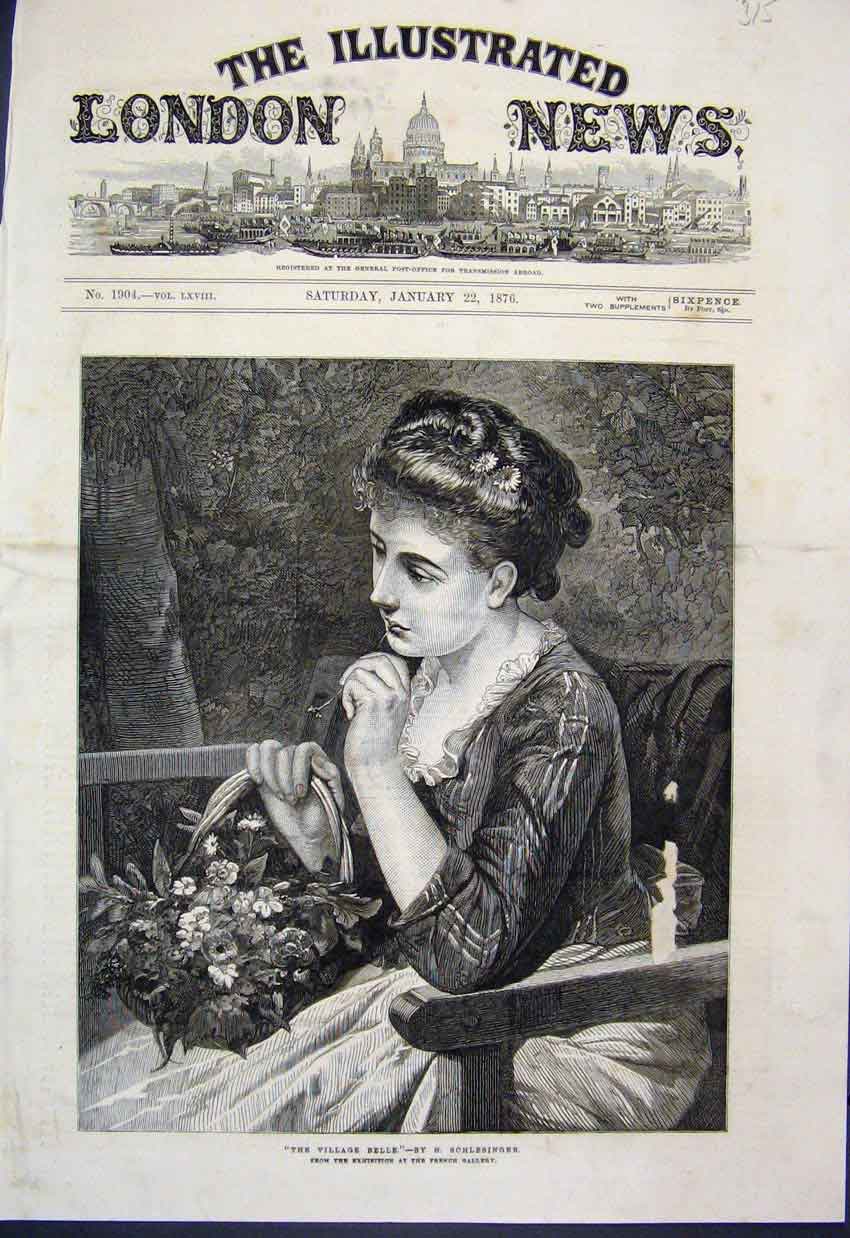 Original Old Antique Print Village Belle Lady Flowers Schlesinger 1876 Fine Art