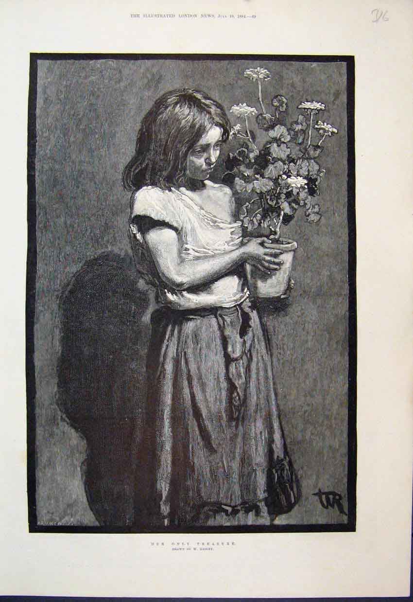 Original Old Antique Print Poor Girl Flower Drawing 1881 19th Century