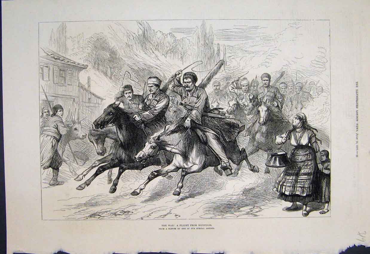 Original Old Antique Print War A Flight From Nicoplis Sketch 1877 19th