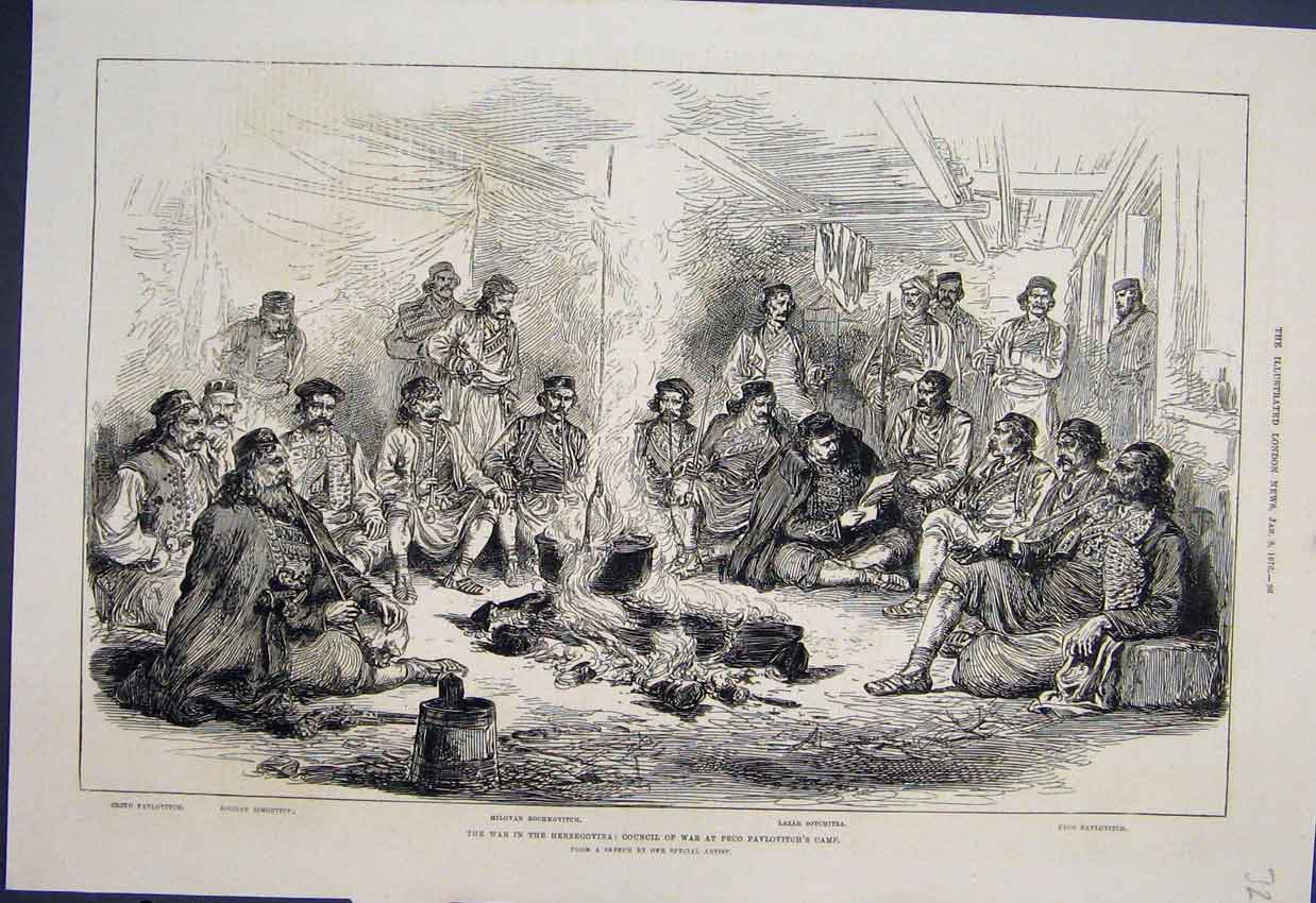 Original Old Antique Print Herzegovina Council War Pavlovitch Camp 1876 Sketch