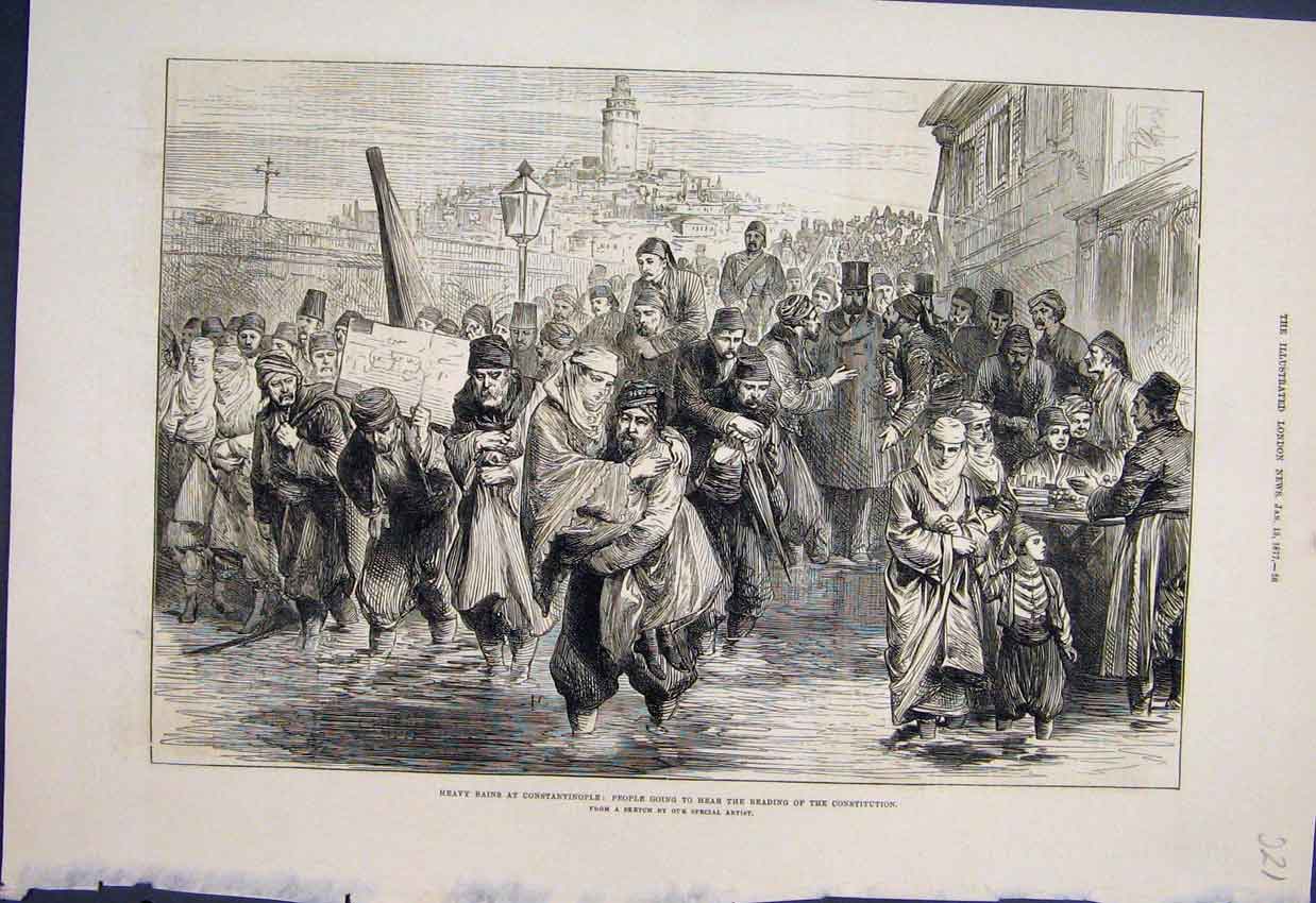 Original Old Antique Print Heavy Rains Constantinople Constitution 1877 Sketch