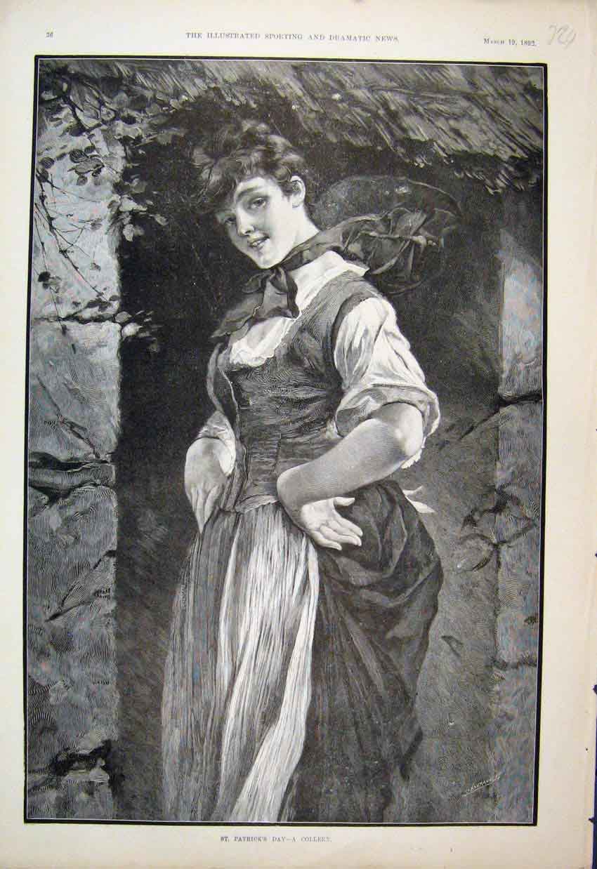 Original Old Antique Print Irish Girl St Patricks Day Colleen 1892 Fine Art 19th