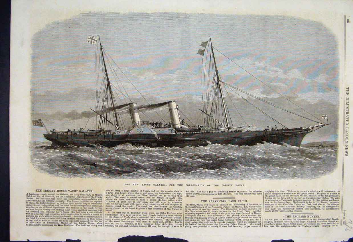 Original Old Antique Print New Yacht Galatea Trinity House Ships 1868 Victorian