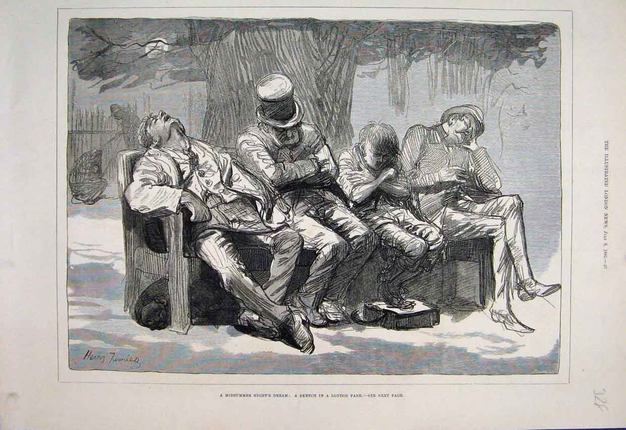 Original Old Antique Print Men Snoozing Park Bench London Sketch 1882 Victorian