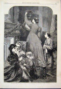 Original Old Antique Print Christams Time Decorating Osbourne Fine Art 1865 19th