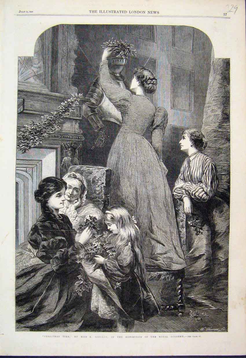 Original Old Antique Print Christams Time Decorating Osbourne Fine Art 1865 19th