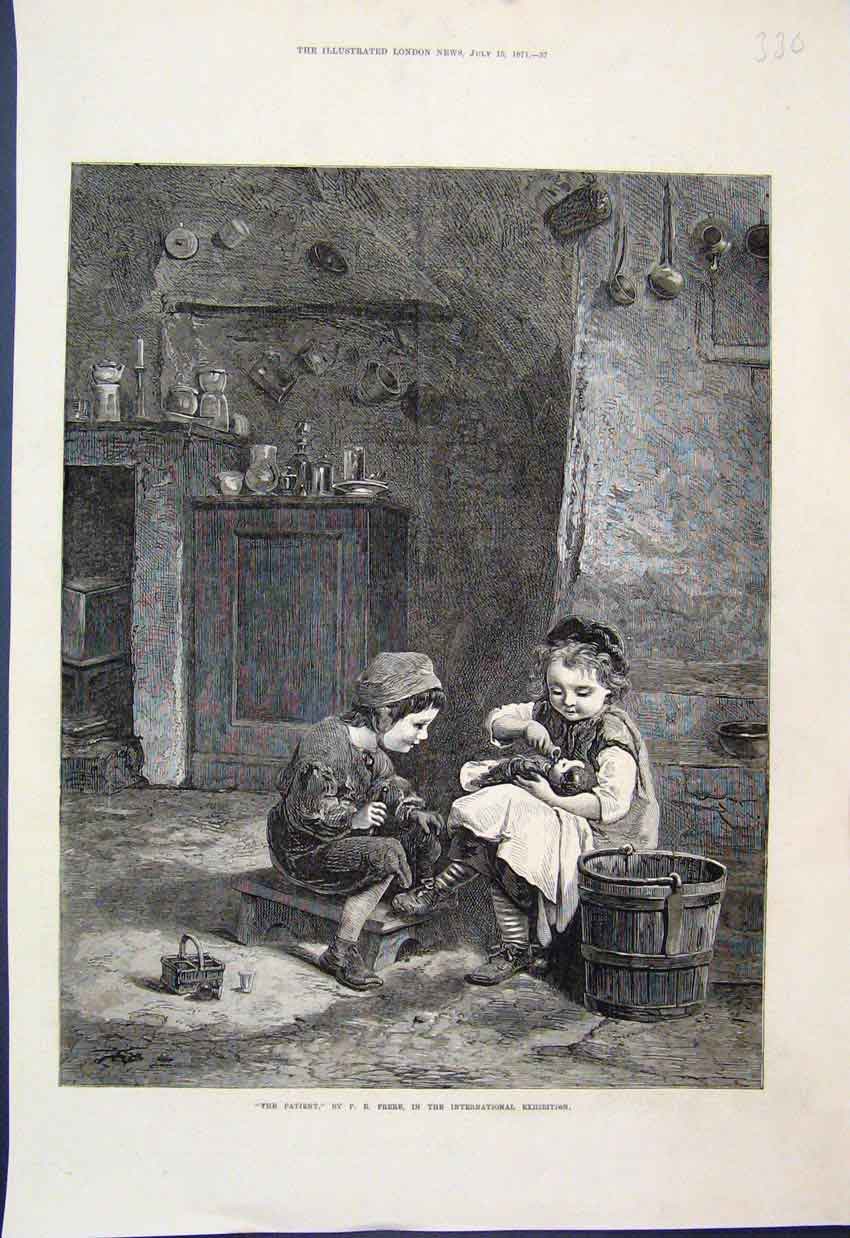 Original Old Antique Print The Patient Frere Tending Dolly 1871 Fine Art 19th