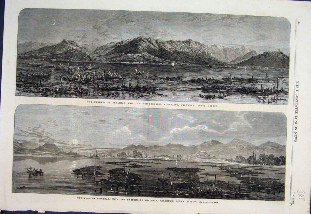 Original Old Antique Print Shalimar Gardens Boats Fort Cashmere 1866 Victorian