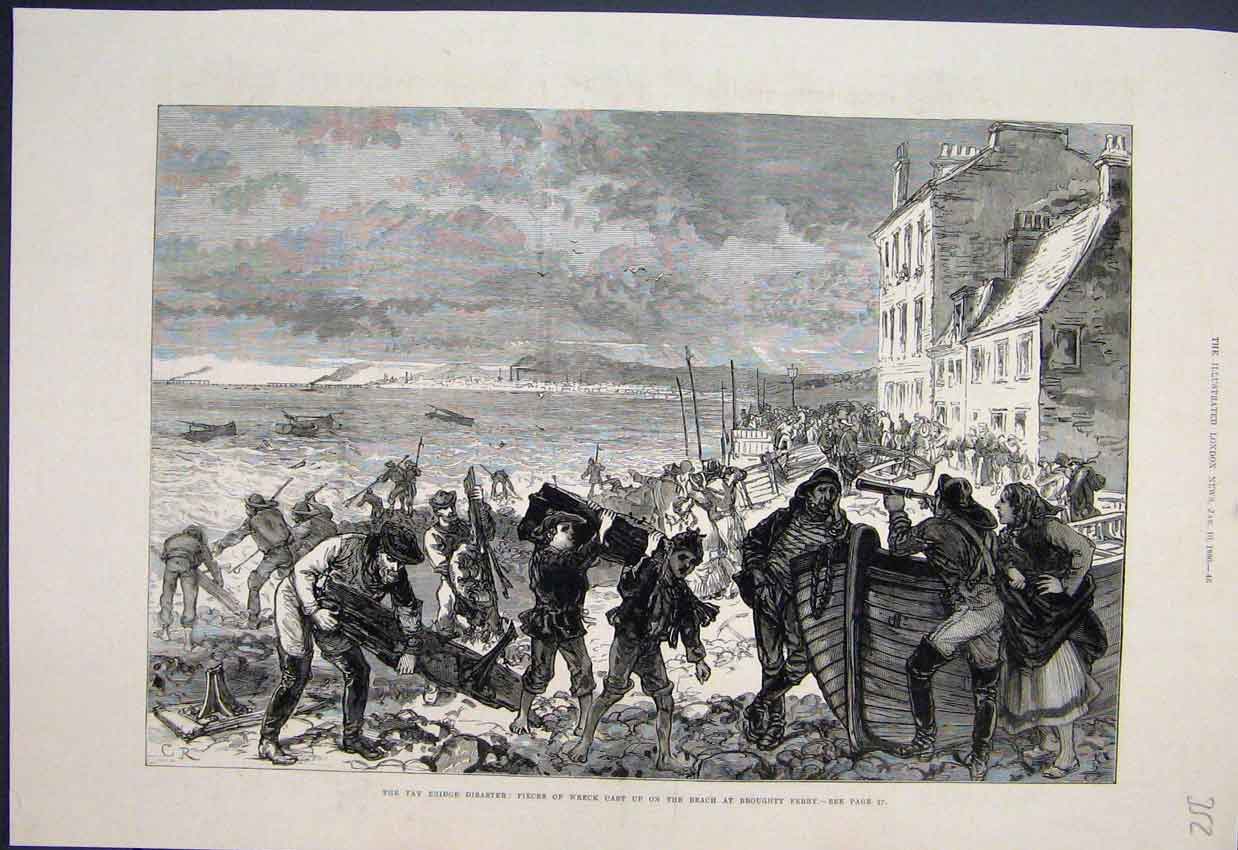 Original Old Antique Print Tay Bridge Disaster Scavengers Broughty Ferry1880