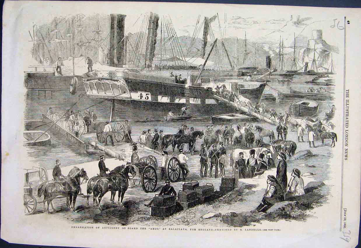 Original Old Antique Print Artillery On Board Argo Balaclava Sketch 1856 19th
