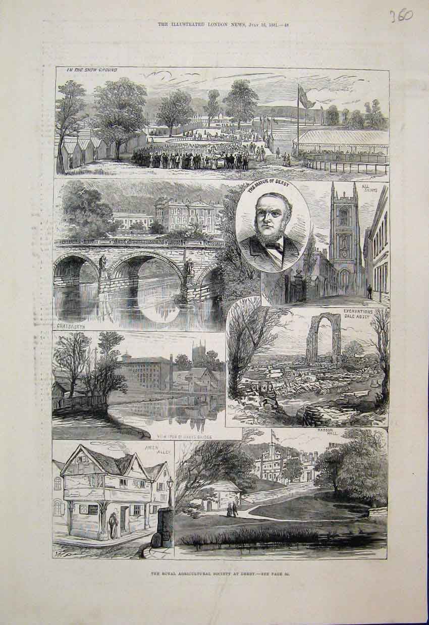 Original Old Antique Print Views Derby Show Raddon Hall Dale Abbey 1881 19th