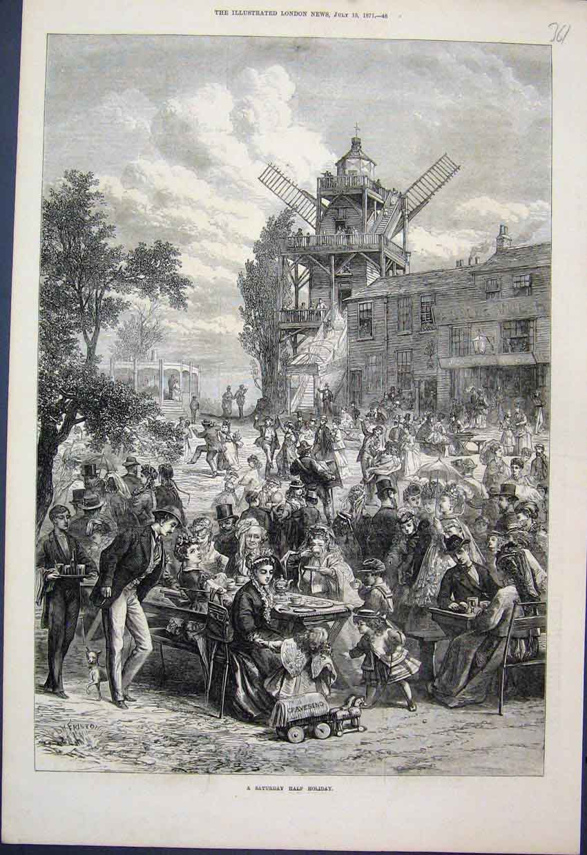 Original Old Antique Print Saturday Half Holiday Fun Park Mill 1871 Victorian