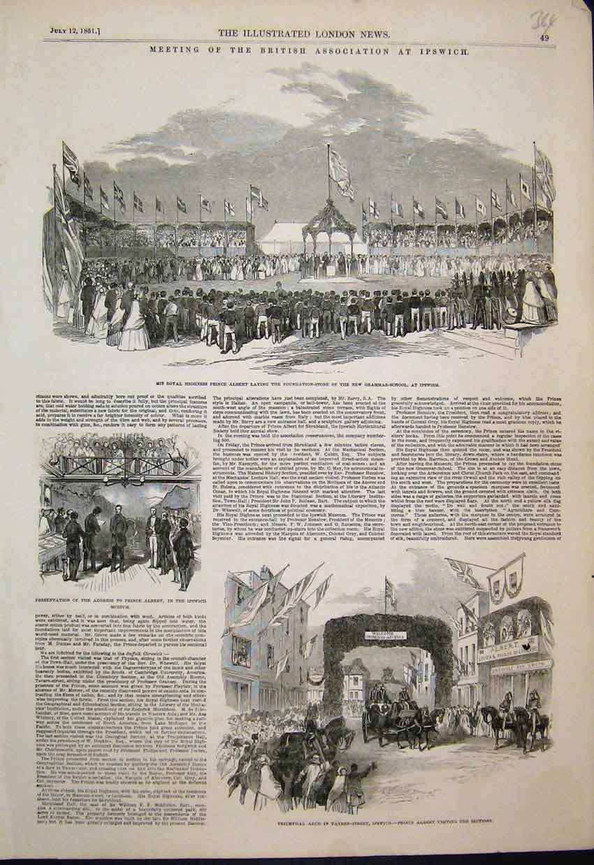Original Old Antique Print Gramar School Ipswich Prince Albert Laying Stone 1851