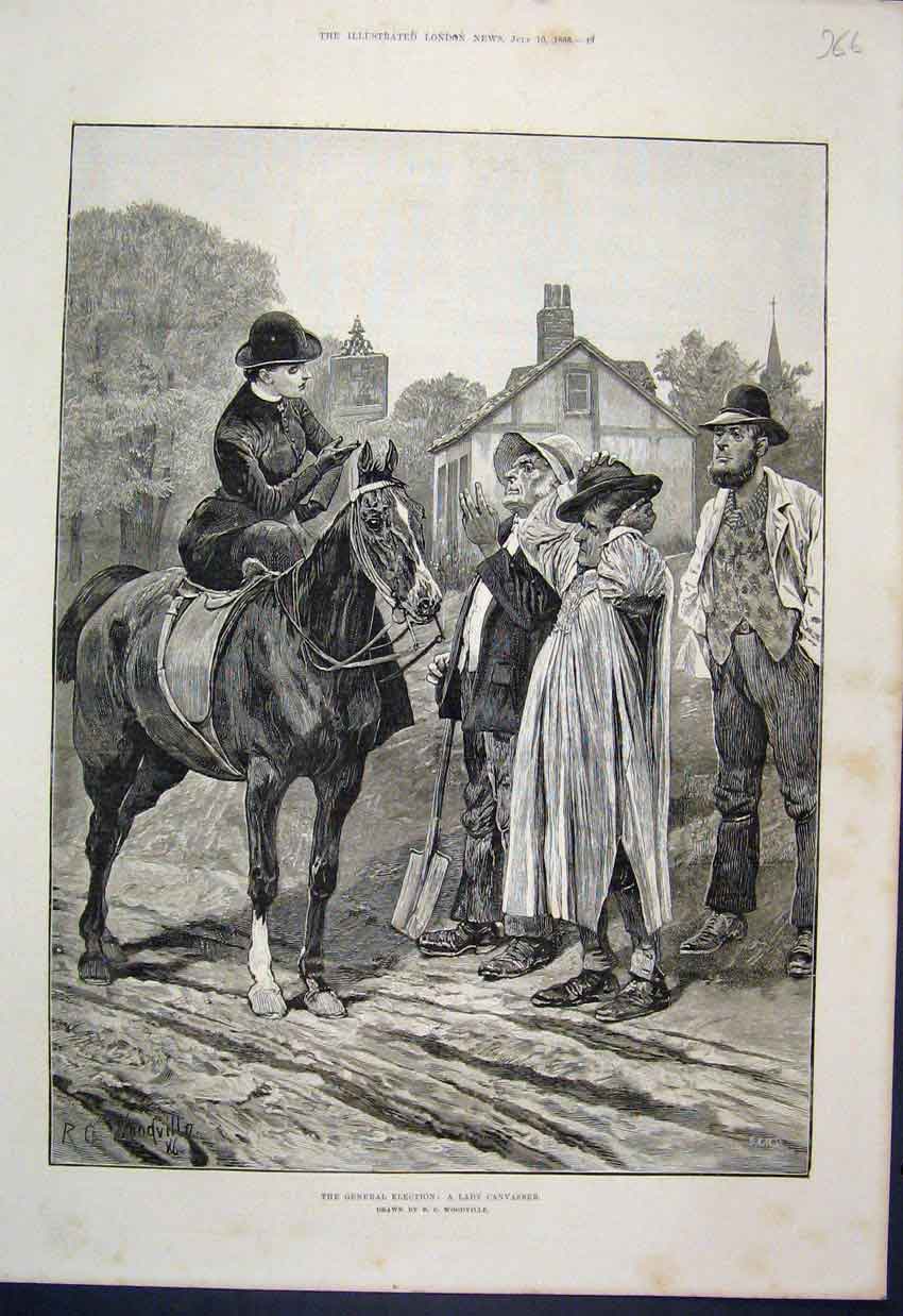 Original Old Antique Print General Election Lady Canvasser Politics 1886 19th