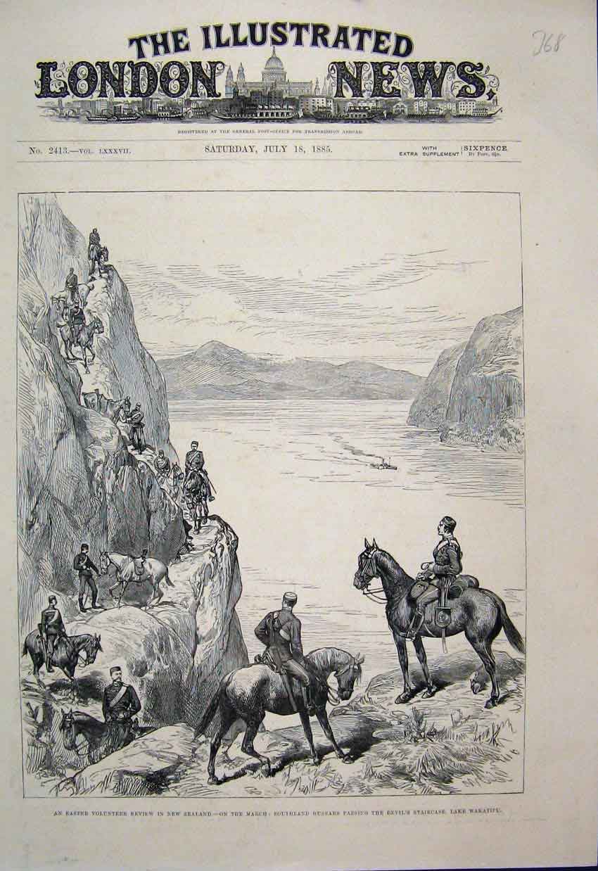 Original Old Antique Print Hussars Passing Devils Staircase Lake Wakatipu 1885