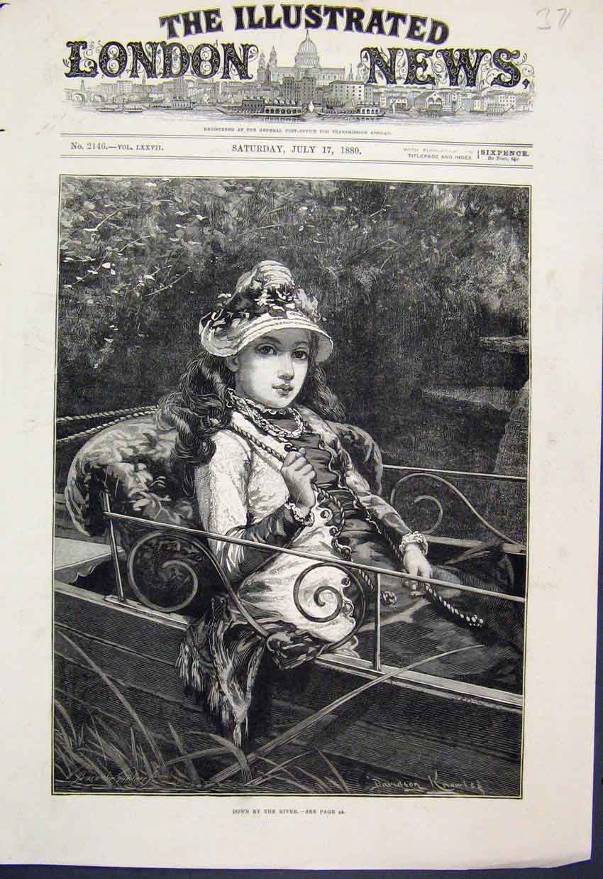 Original Old Antique Print Down The River Girl Boat Fine Art Knowles 1880 19th