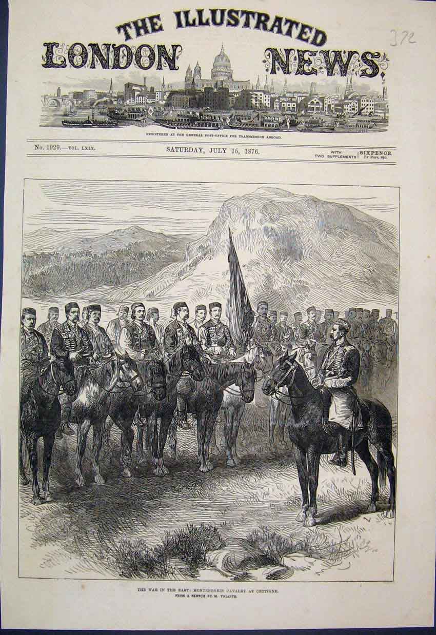 Original Old Antique Print Montenegrin Cavalry Cettigne East War Sketch 1876