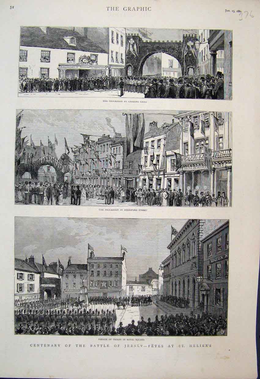 Original Old Antique Print Centenary Battle Jersey Fetes St Heliers 1881 19th