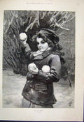 Original Old Antique Print Hit Or Miss Girl Snowballs Mischief Fine Art 1894