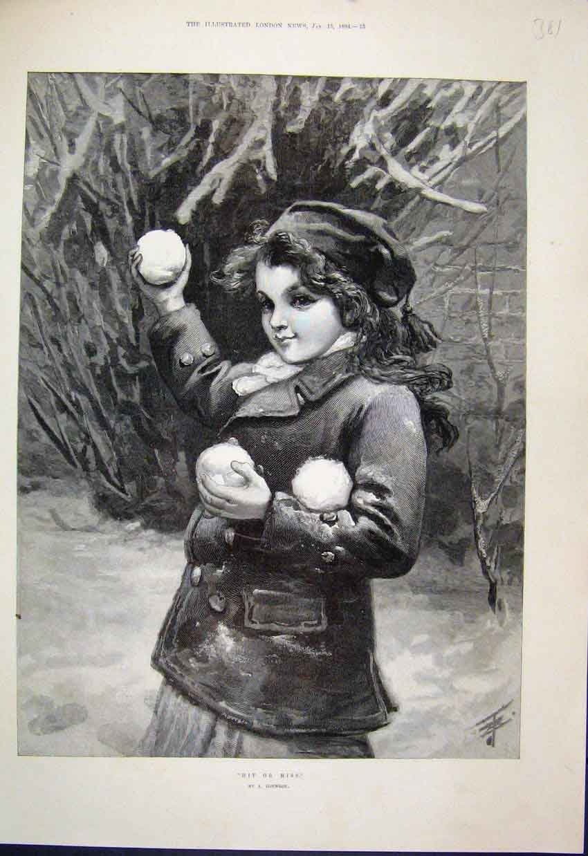 Original Old Antique Print Hit Or Miss Girl Snowballs Mischief Fine Art 1894