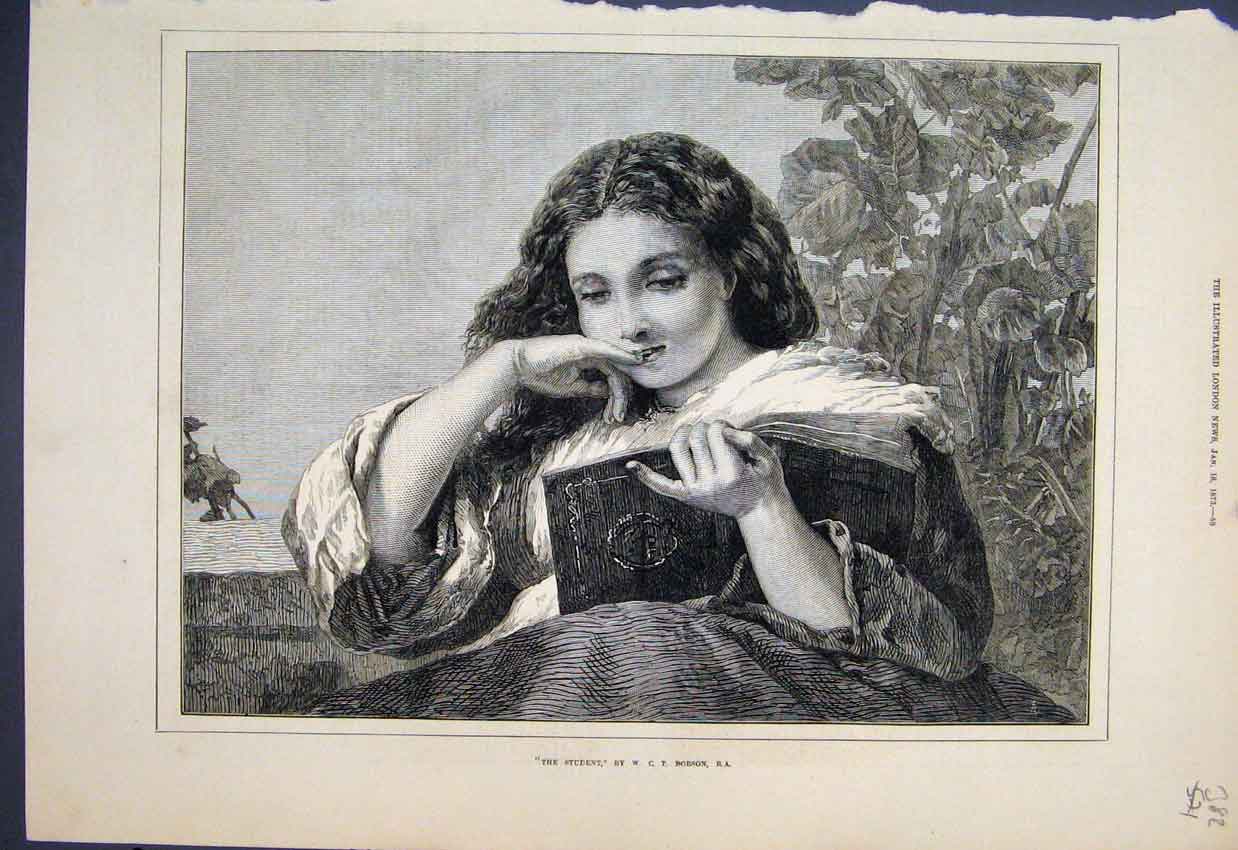 Original Old Antique Print The Student Girl Book Study Fine Art Dobson 1873 19th