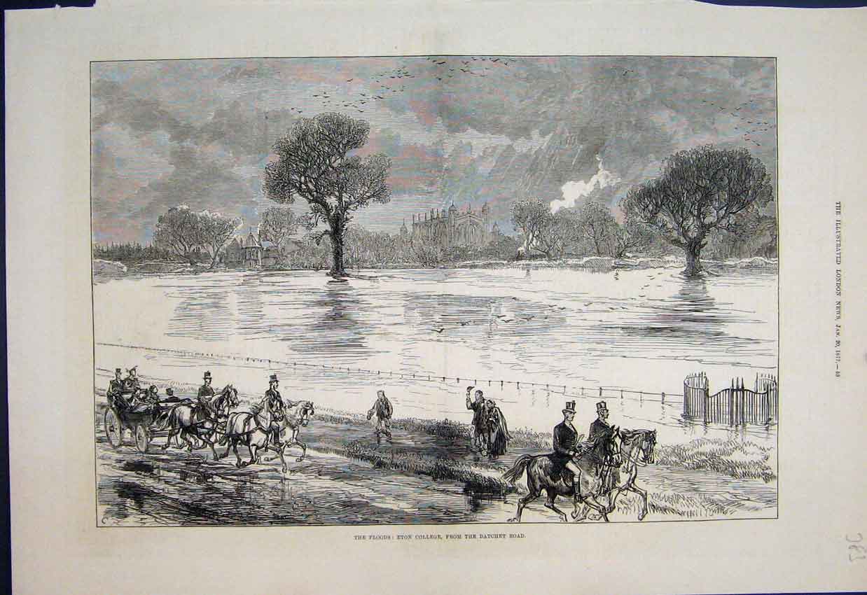 Original Old Antique Print Floods Eton College From Datchet Road Horses 1877