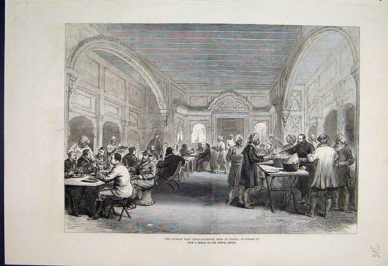 Original Old Antique Print Head Quarters Mess Dakka Afghan War Sketch 1879 19th