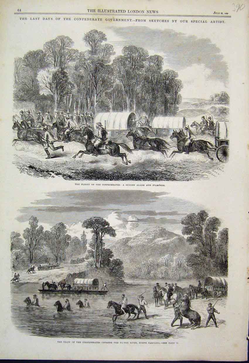 Original Old Antique Print Civil Wars Last Days Crossing Pe-Hee River 1865 19th