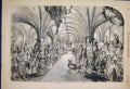 Original Old Antique Print Banquet In Crypt Beefeaters Knights 1851 Victorian