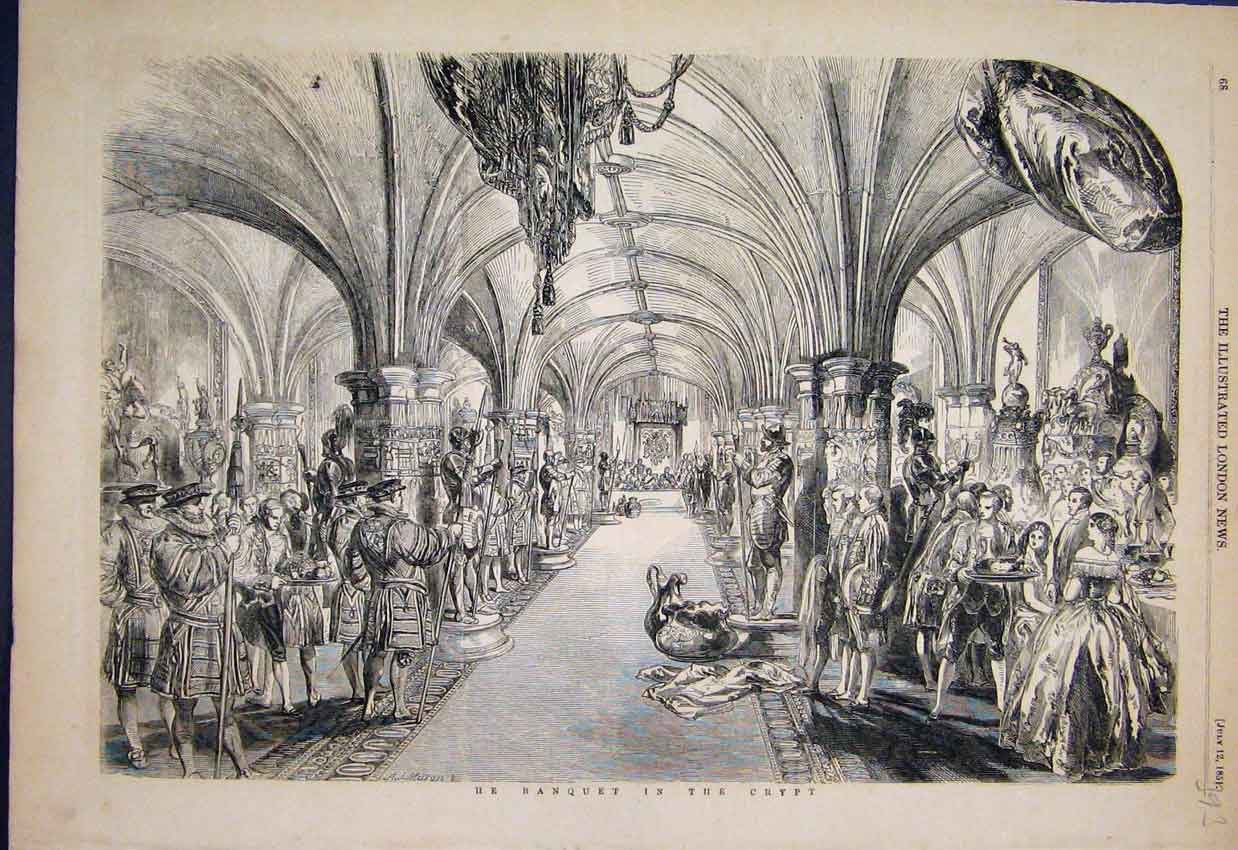 Original Old Antique Print Banquet In Crypt Beefeaters Knights 1851 Victorian