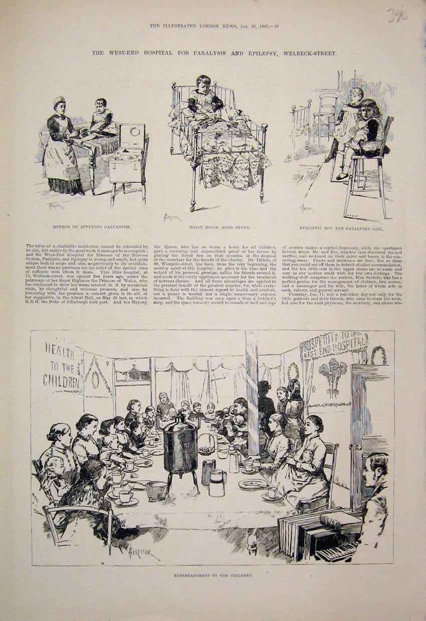 Old Antique Print Westend Hospital Paralysis Epilepsy Welbrck Street 1883 19th