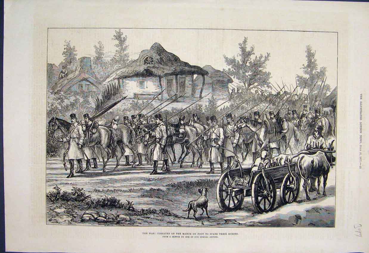 Original Old Antique Print Cossacks March Horses Rest Dogs Ox Cart 1877 Sketch