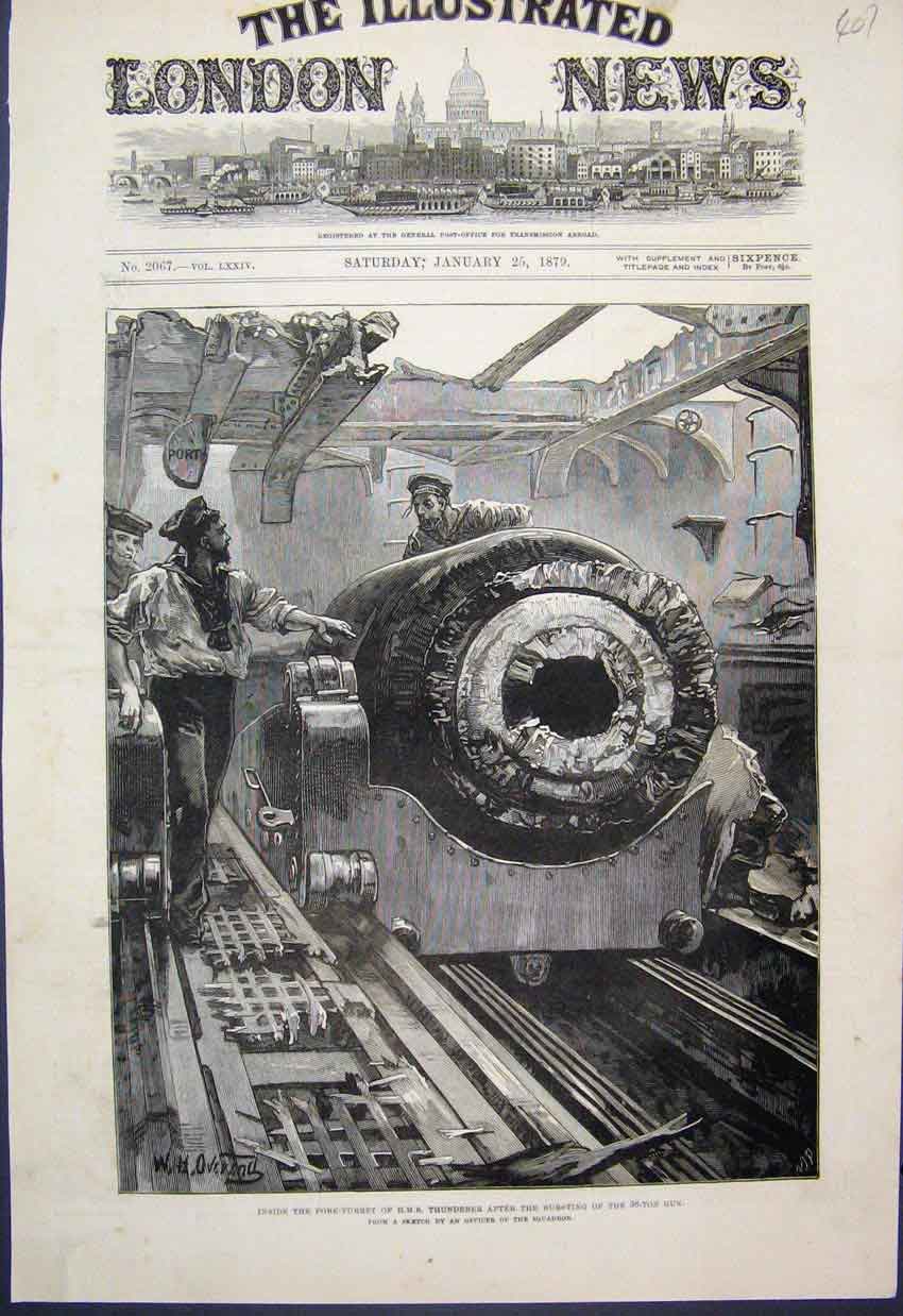 Original Old Antique Print Fore Turret Hms Thunderer After Accident Sketch 1879