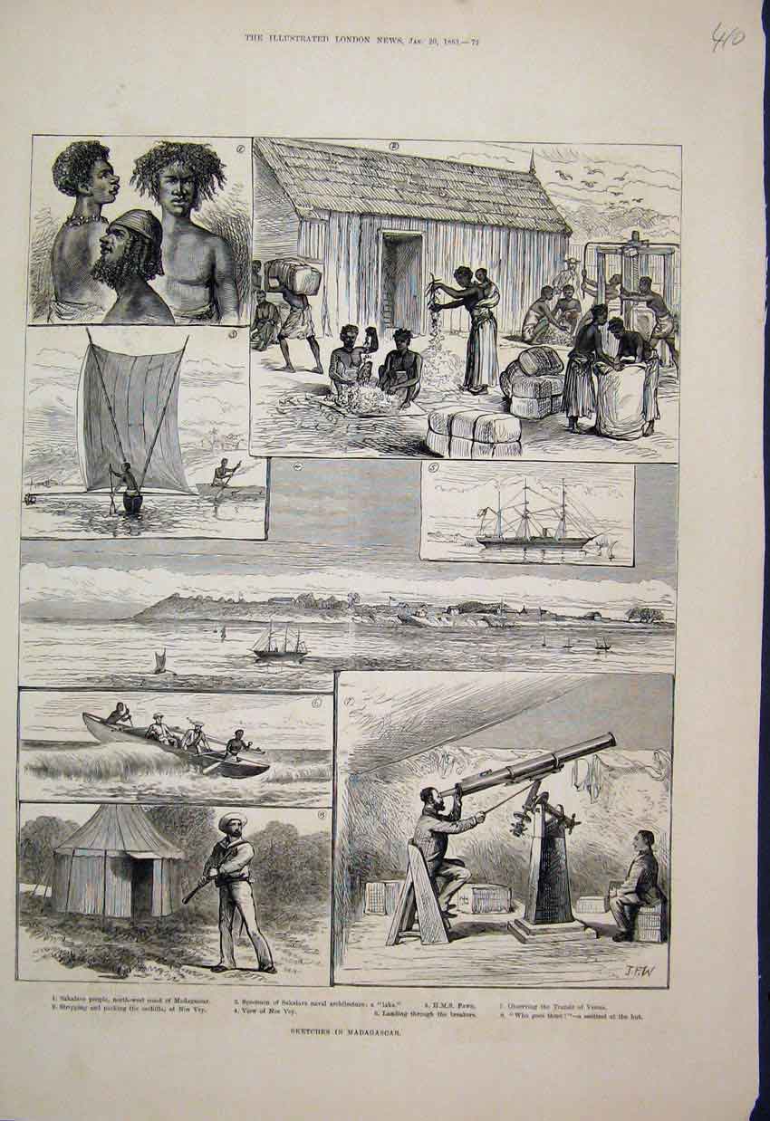 Original Old Antique Print Sketches Madagascar Sakalave Orchills Boats 1883 19th