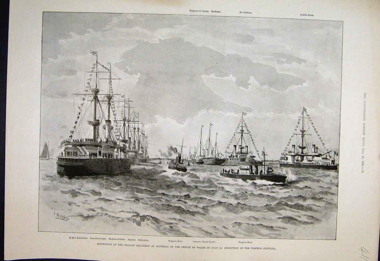 Original Old Antique Print Italian Squadron Spithead Prince Wales Flotilla 1895