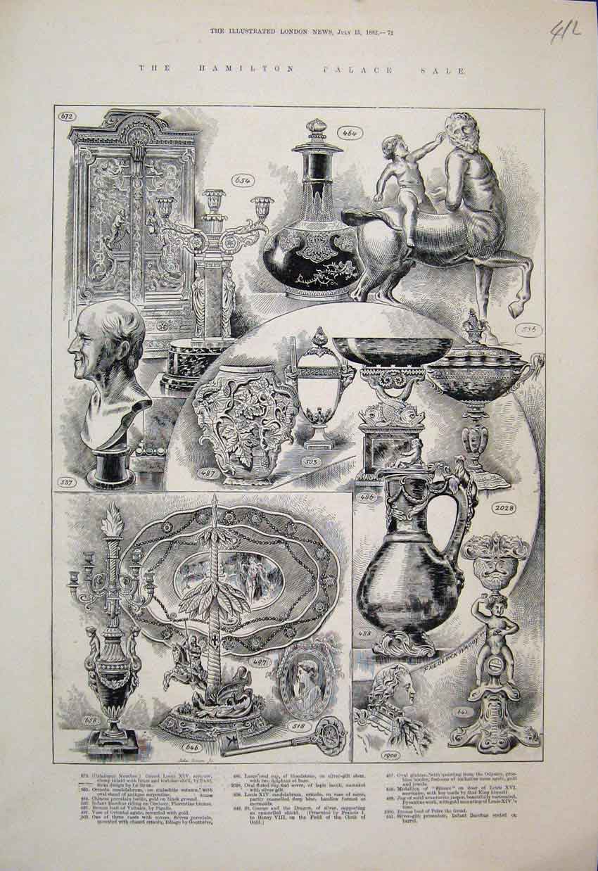Original Old Antique Print Hamilton Palace Sale Silver GOrnaments 1882 Sketch