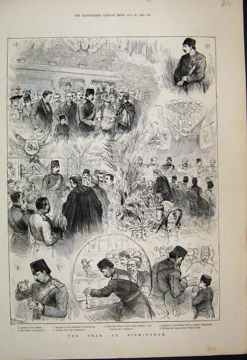 Old Antique Print Shah Birmingham Sword Bearer Visitors Book Sketch 1889 19th