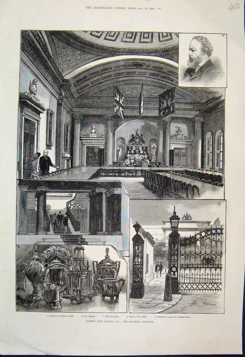 Original Old Antique Print London City Salters Company St Swithins Lane 1884