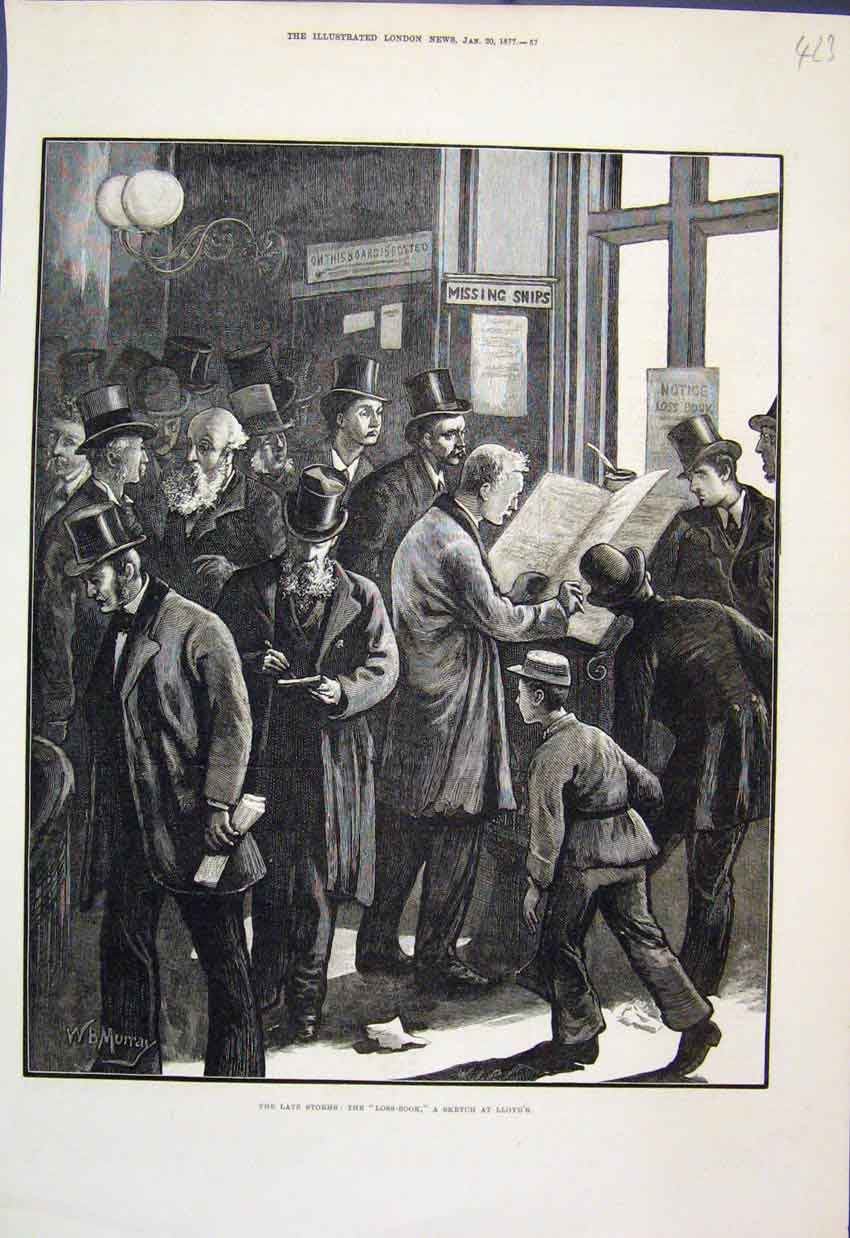 Original Old Antique Print Late Storms Ship Loss Book Lloyds Boy Sketch 1877