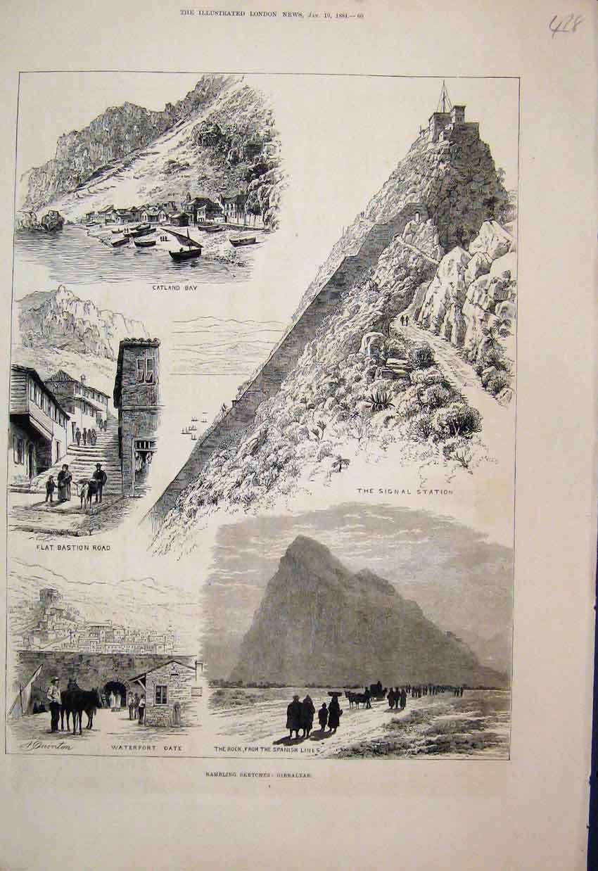 Old Antique Print Rambling Sketches Gibraltar Signal Station Catland1884 19th