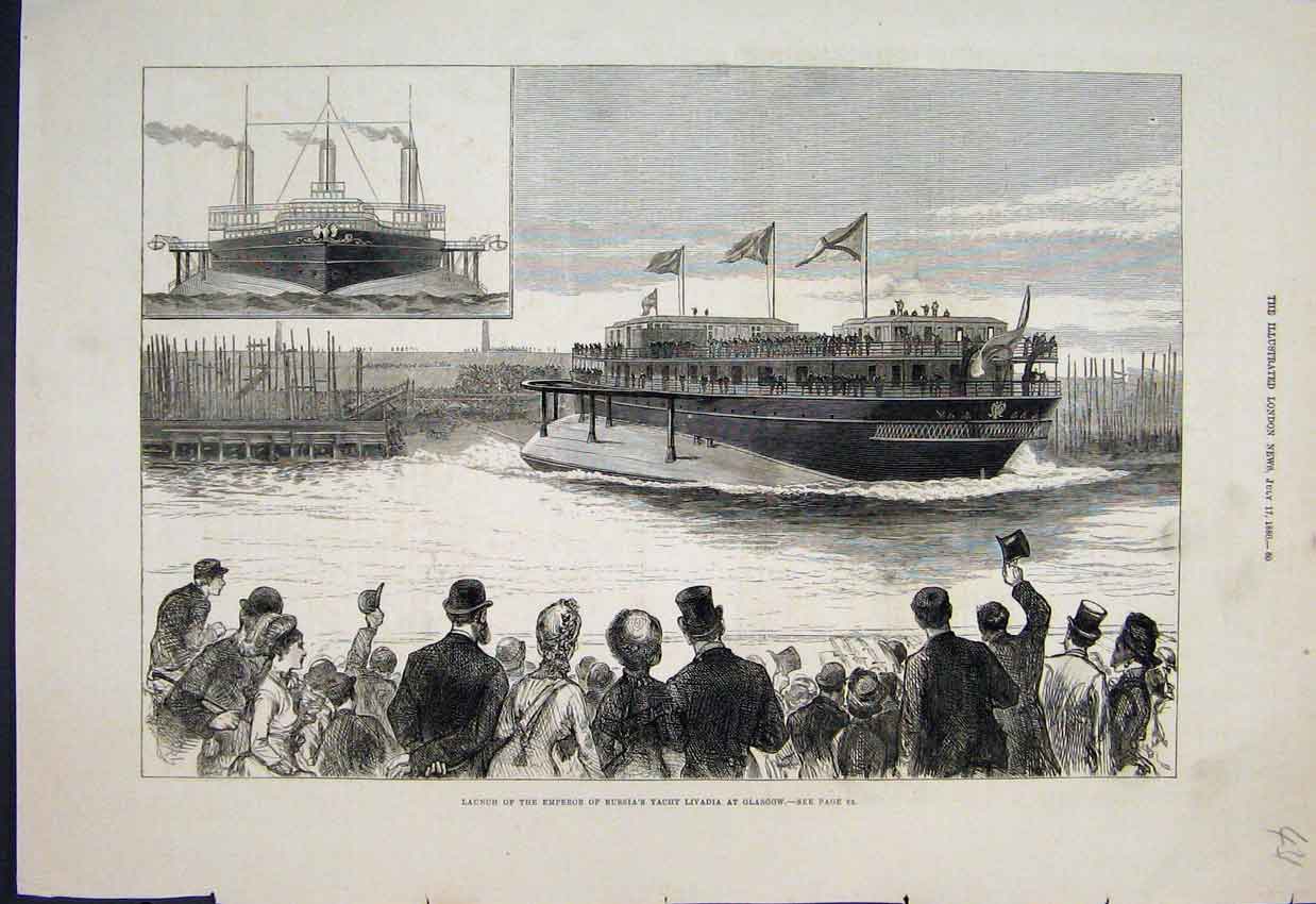 Original Old Antique Print Launch Emperor Russia Yacht Livadia Galsgow 1880 19th
