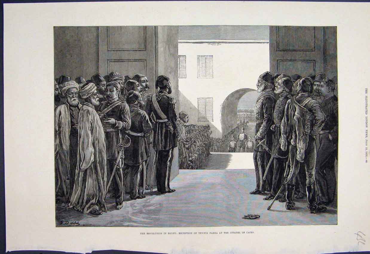 Original Old Antique Print Revolution Egypt Tewfik Pahsa Citadel Cairo 1879 19th