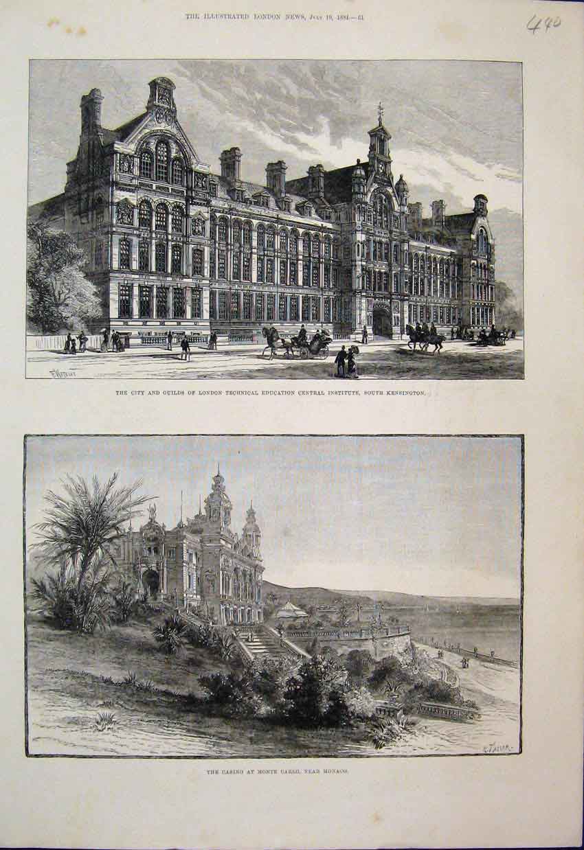 Original Old Antique Print Casino Monte Carlo Monaco London Technical 1884 19th