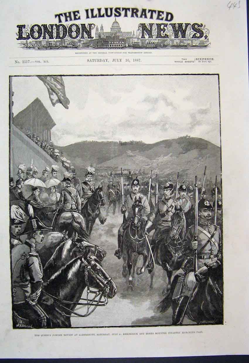 Original Old Antique Print Aldershot Queens Jubilee Brecknock Berks Marching1887