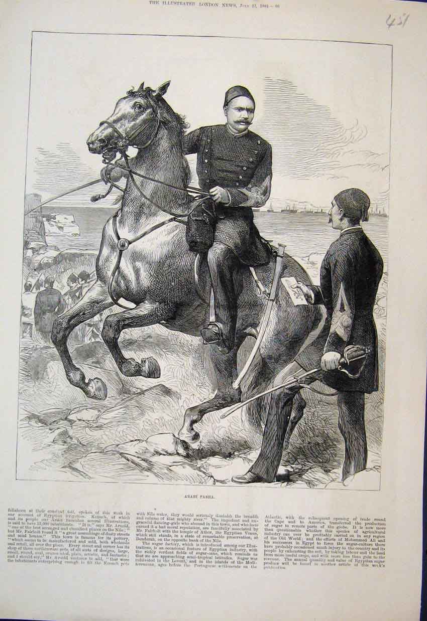 Original Old Antique Print Arabi Pasha Rides Horse Man Sword Boats Sketch 1882