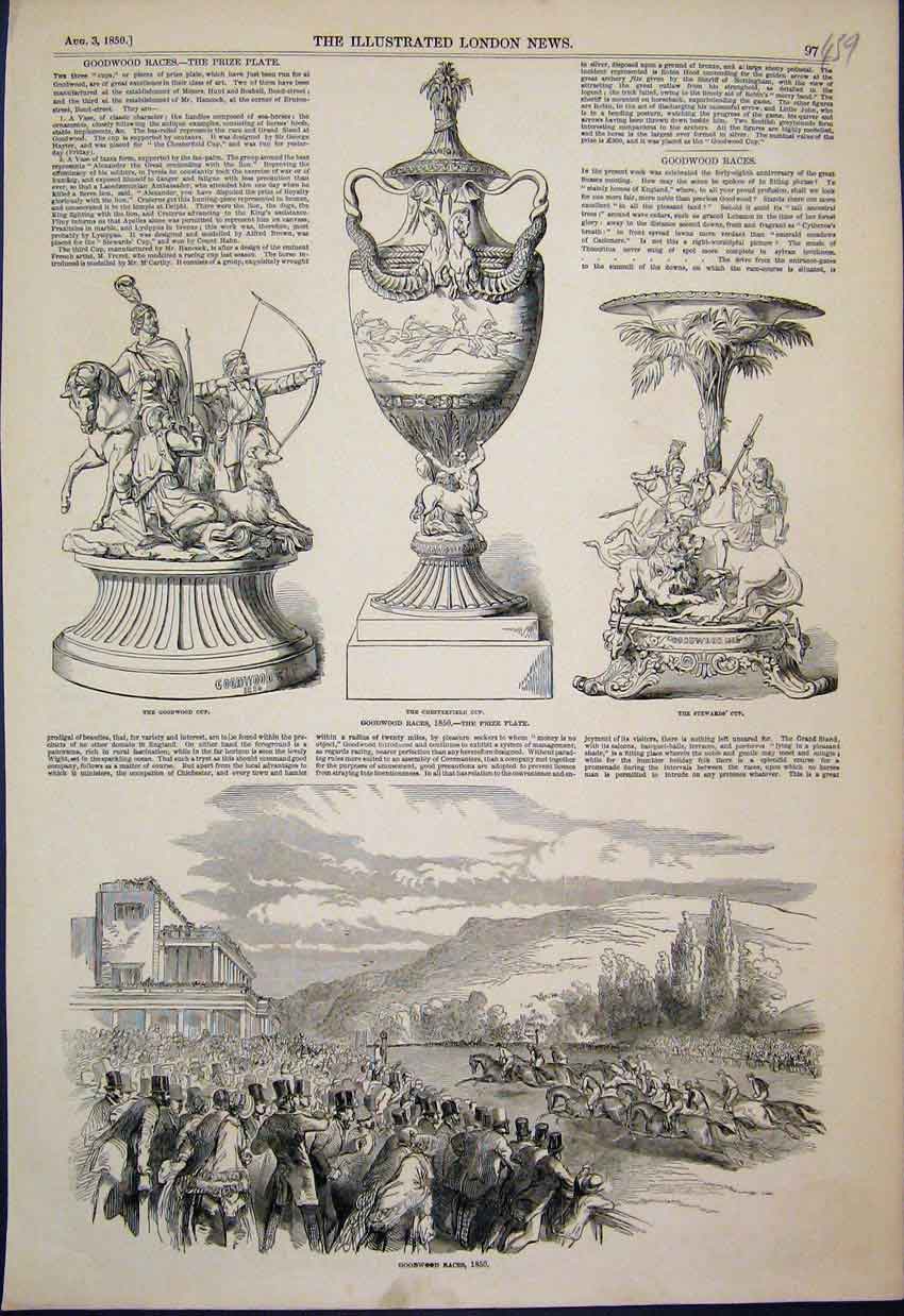 Original Old Antique Print Goodwood Races Cup Prize Plate Stewards Cup 1850 19th